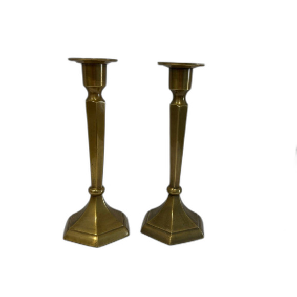 Vintage Brass Candlesticks Holder Featuring Six Sided Hexagonal Base Design - Picture 2 of 12